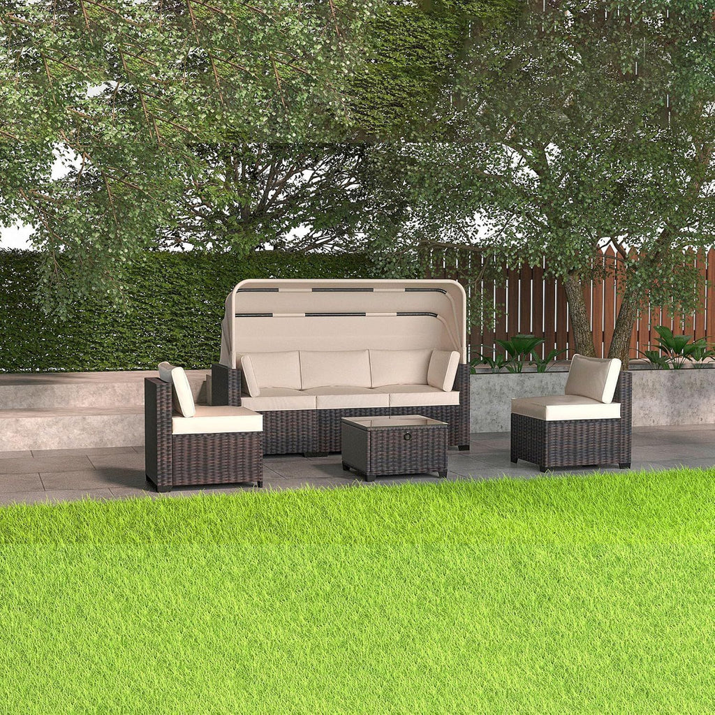 6pcs Wicker Outdoor Daybed Set with Retractable Canopy & Adjustable Chaise Lounges - L-Shaped Patio Furniture, Cushioned Brown/Beige Wicker Sectional Sofa for Poolside, Garden, Backyard - All-Weather Durable Lounge Beds