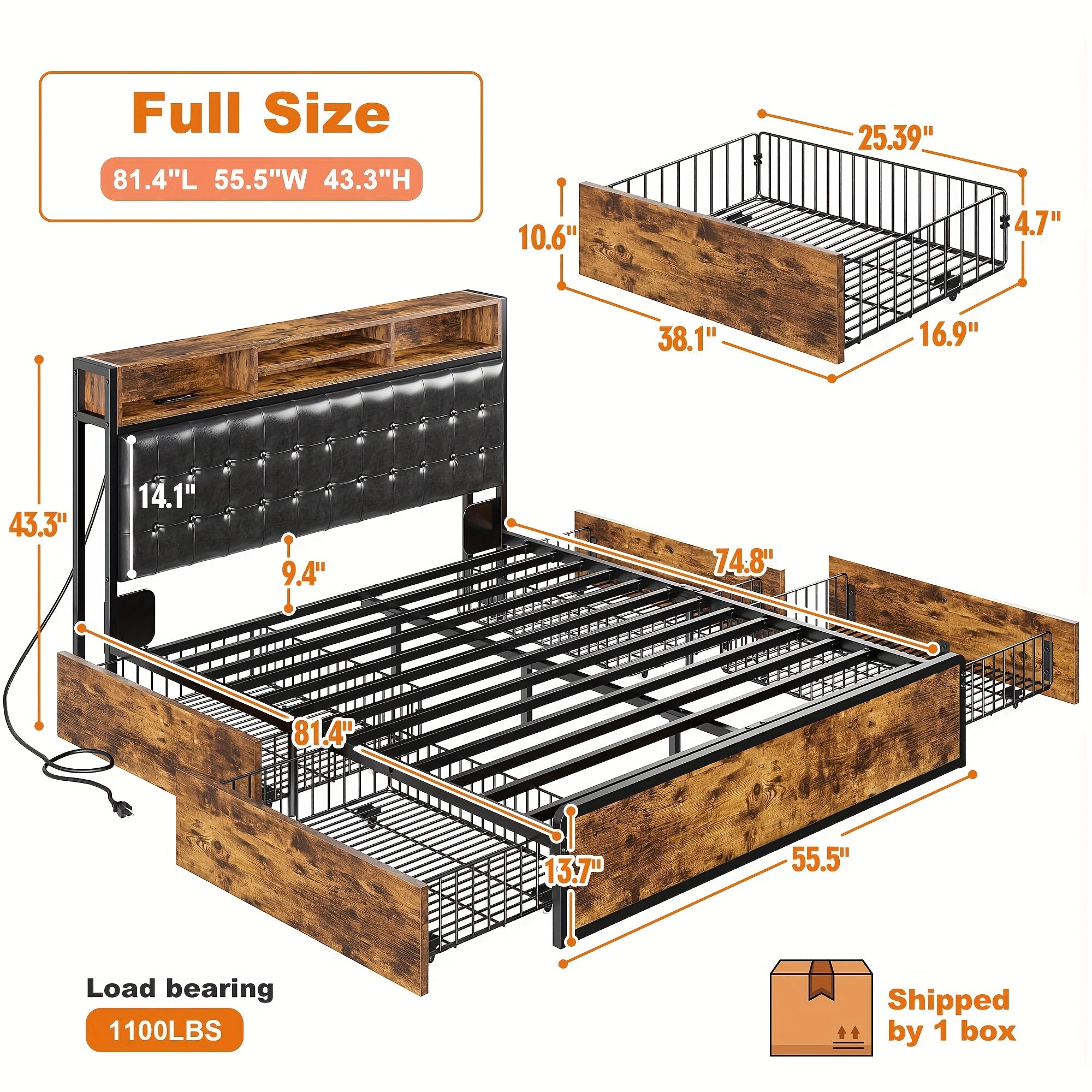 EnHome King/Queen/Full Bed Frame with 4-Tier Storage Drawers & Upholstered Headboard, Heavy-Duty Metal Support, Noise-Free Design, Charging Station (US Plug), No Box Spring Needed, Vintage Brown - Easy Assembly, Hardwood & Me