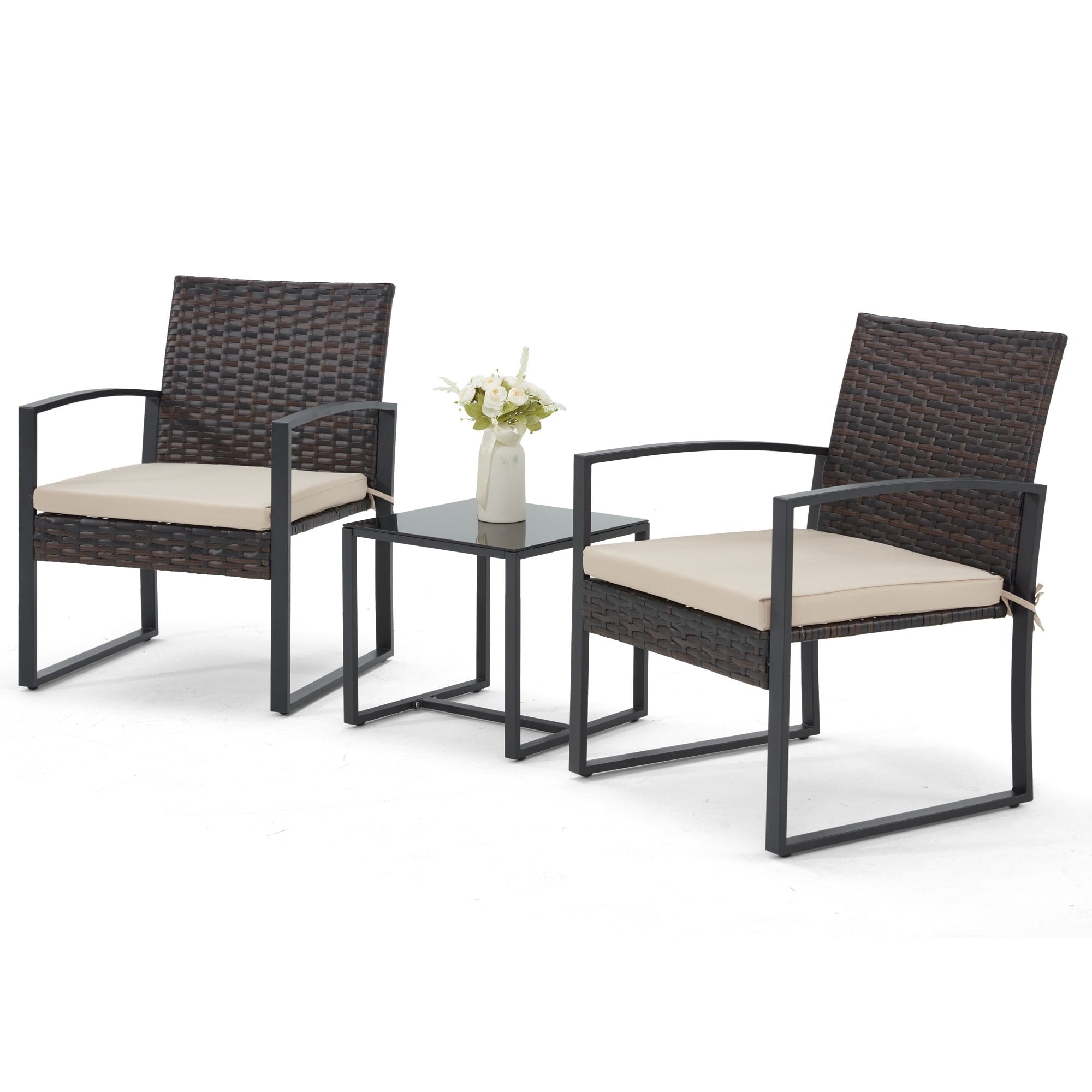 Bezseller 3pcs Patio Furniture Set, Outdoor Rattan Bistro Set with Coffee Table, Durable Steel Frame with Strapped Cushions for Garden, Balcony, Poolside, Backyard