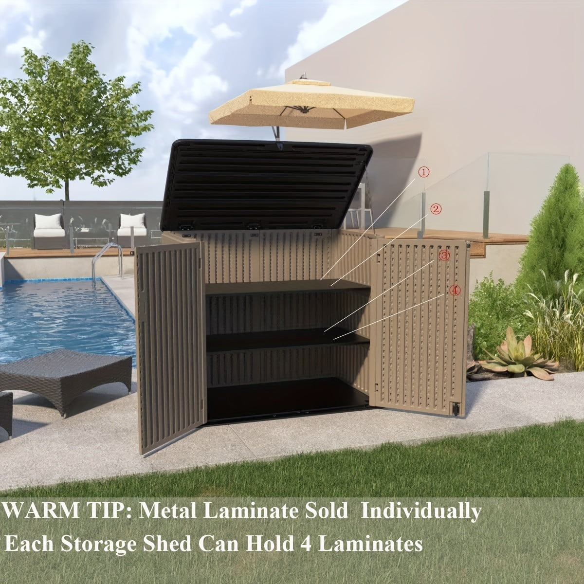 European-style Double-layer Resin Outdoor Storage Shed with Lockable Waterproof Storage Boxes. Ideal for Organizing Patio Furniture, Gardening Tools, Pool Equipment, The Perfect Holiday Gift for Christmas And Thanksgiving