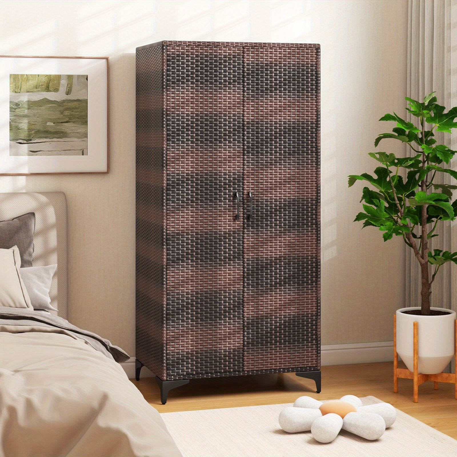 GYMAX 62" Black Wicker Wardrobe with 2 Doors, PE Rattan Armoire Closet on Sturdy Metal Frame - Includes Hanging Rod & 4 Storage Cubes, Ideal for Bedroom, Patio, Garage - Elegant, Durable & Versatile Organizer, Portable Closet