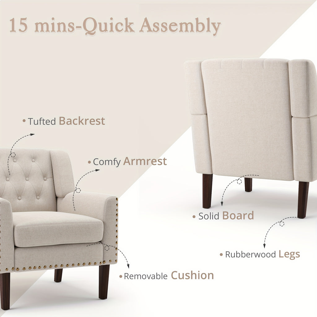 1PCS 350LBS Upholstered Linen Accent Chair, Mid Century Living Room Chair 18.5", Comfy Button Tufted Arm Chair, Accent Chairs For Living Room, Small Spaces, Bedroom,