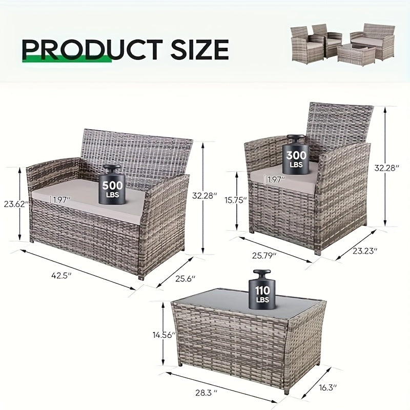 4pcs Patio Furniture Set, Outdoor Wicker Conversation Sets, Rattan Sectional Sofa W/Coffee Table, Seat Cushions For Backyard Porch Garden Poolside