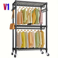 Clothes Rack Heavy Duty Metal Garment Rack With Shelves, Wardrobe Clothes Organizer, Hanging Closet Organizer For Storage, Free Standing Closet Shelves And Coat Rack, Clothes Drying Rack With Rolling Wheels, Kids Hangers And