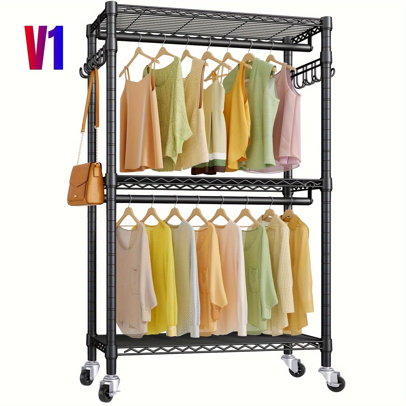 Clothes Rack Heavy Duty Metal Garment Rack With Shelves, Wardrobe Clothes Organizer, Hanging Closet Organizer For Storage, Free Standing Closet Shelves And Coat Rack, Clothes Drying Rack With Rolling Wheels, Kids Hangers And