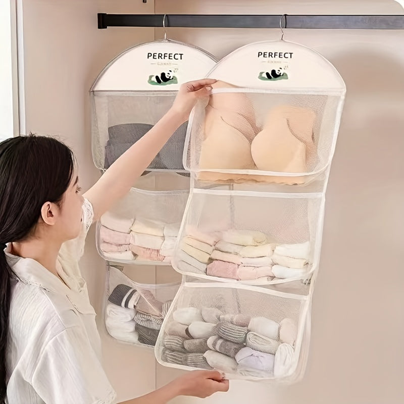1pc Nylon Multi-Layer Mesh Hanging Storage Bag for Bedroom - Wall Mounted Wardrobe Organizer for Socks, Underwear - Space Saving, 3.2 Cu Ft Capacity
