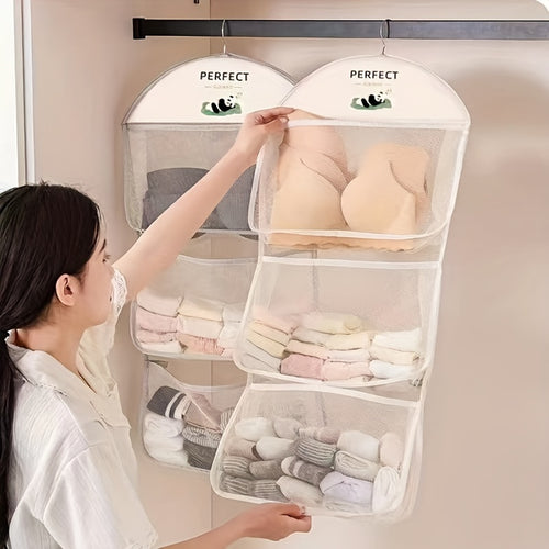1pc Nylon Multi-Layer Mesh Hanging Storage Bag for Bedroom - Wall Mounted Wardrobe Organizer for Socks, Underwear - Space Saving, 3.2 Cu Ft Capacity