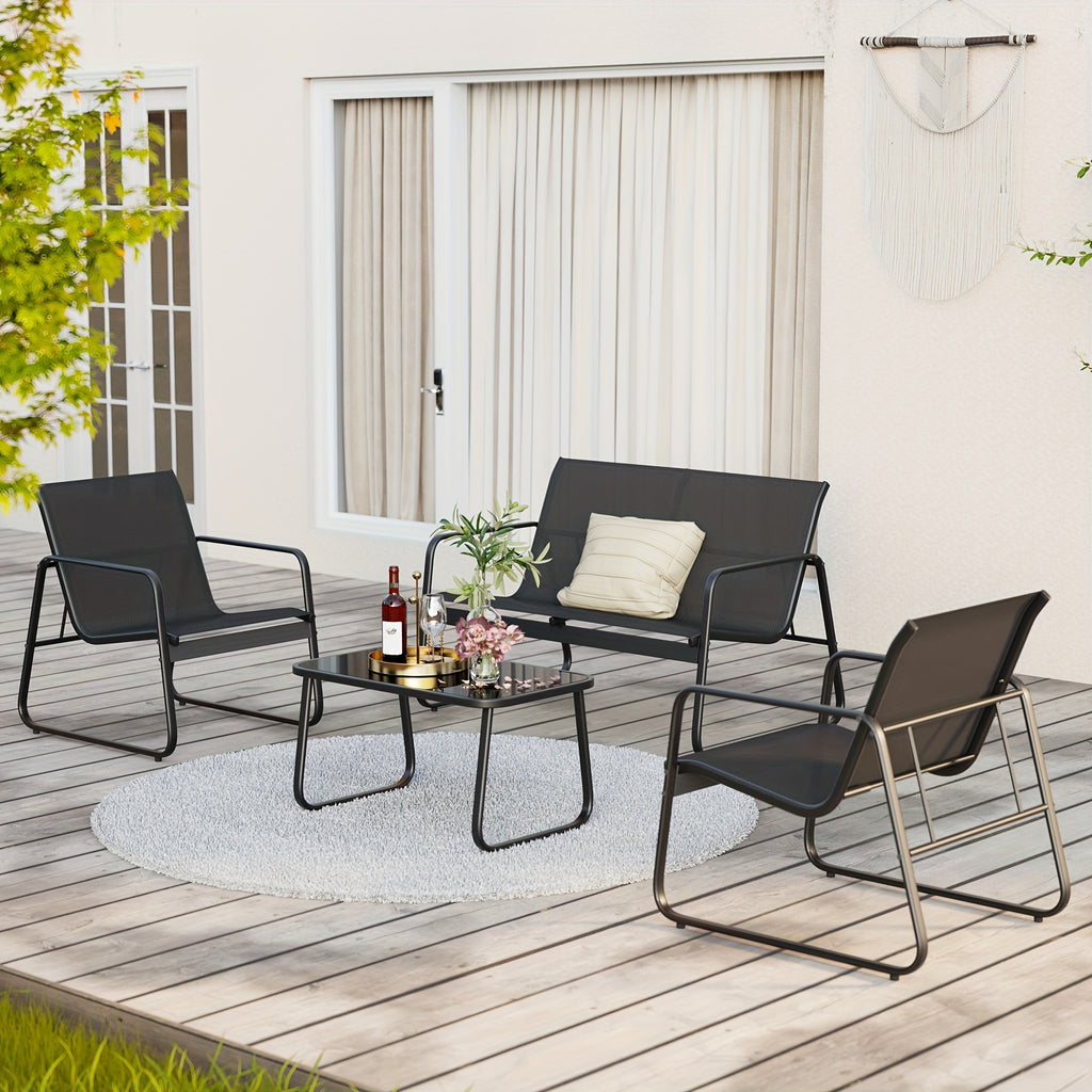 4 Piece Patio Furniture Set, Outdoor Patio Furniture With Loveseat And 2 Single Chairs, Bistro Table And Chairs Set For Backyard, Balcony, Lawn, Black