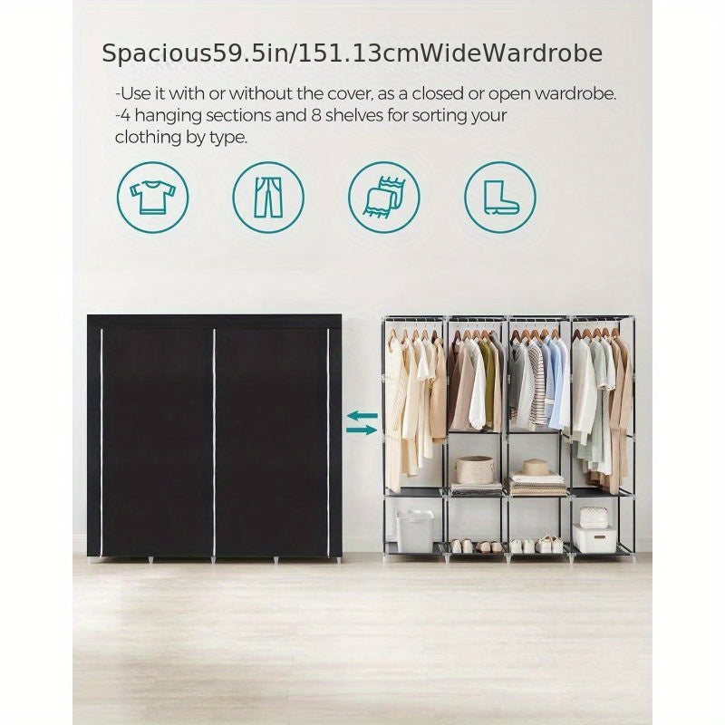 1pc SONGMICS Portable Wardrobe Closet Organizer with Cover, 4 Hanging Rods and Shelves, 4 Side Pockets, Metal Material, Lacquered Finish, Large Capacity for Bedroom, Living Room, Clothes Organizer Storage, SONGMICS