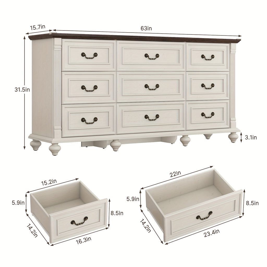 Farmhouse 63in Wide 9 Drawers Dresser with 6 Gourd Feet And Roman Column Decor, Bedroom Furniture, Storage Solution, Classic Design, Elegant Furniture, Mdf Material, Durable Wood, Wide Storage, Spacious Dresser