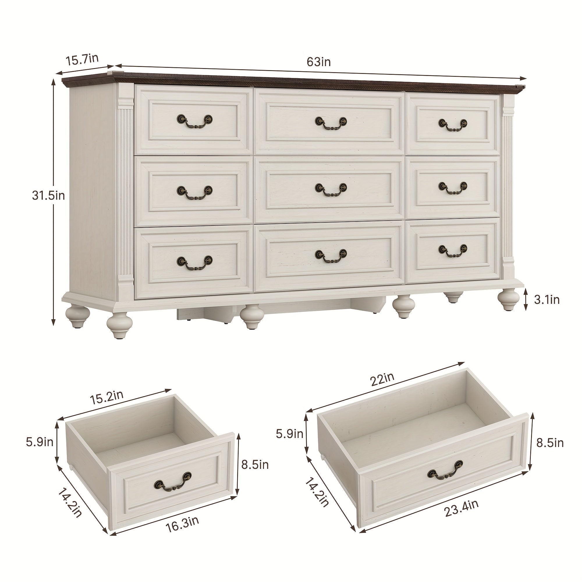 Farmhouse 63in Wide 9 Drawers Dresser with 6 Gourd Feet And Roman Column Decor, Bedroom Furniture, Storage Solution, Classic Design, Elegant Furniture, Mdf Material, Durable Wood, Wide Storage, Spacious Dresser