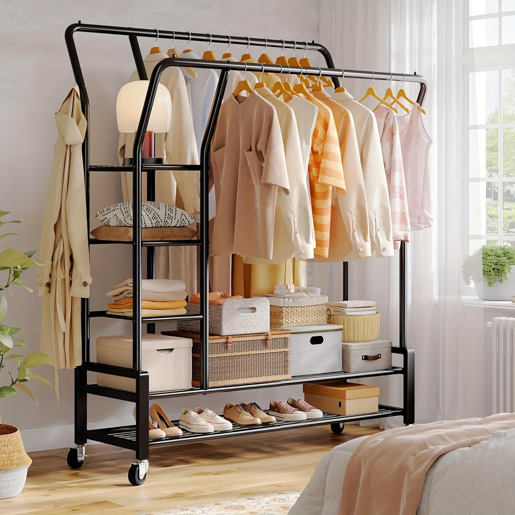 Clothes Rack, Clothing Rack Double Rod Garment Rack Clothing Racks for Hanging Clothes 255LBS Heavy Duty Clothes Rack with Wheels Metal Rolling Closet Rack Laundry Storage Organization