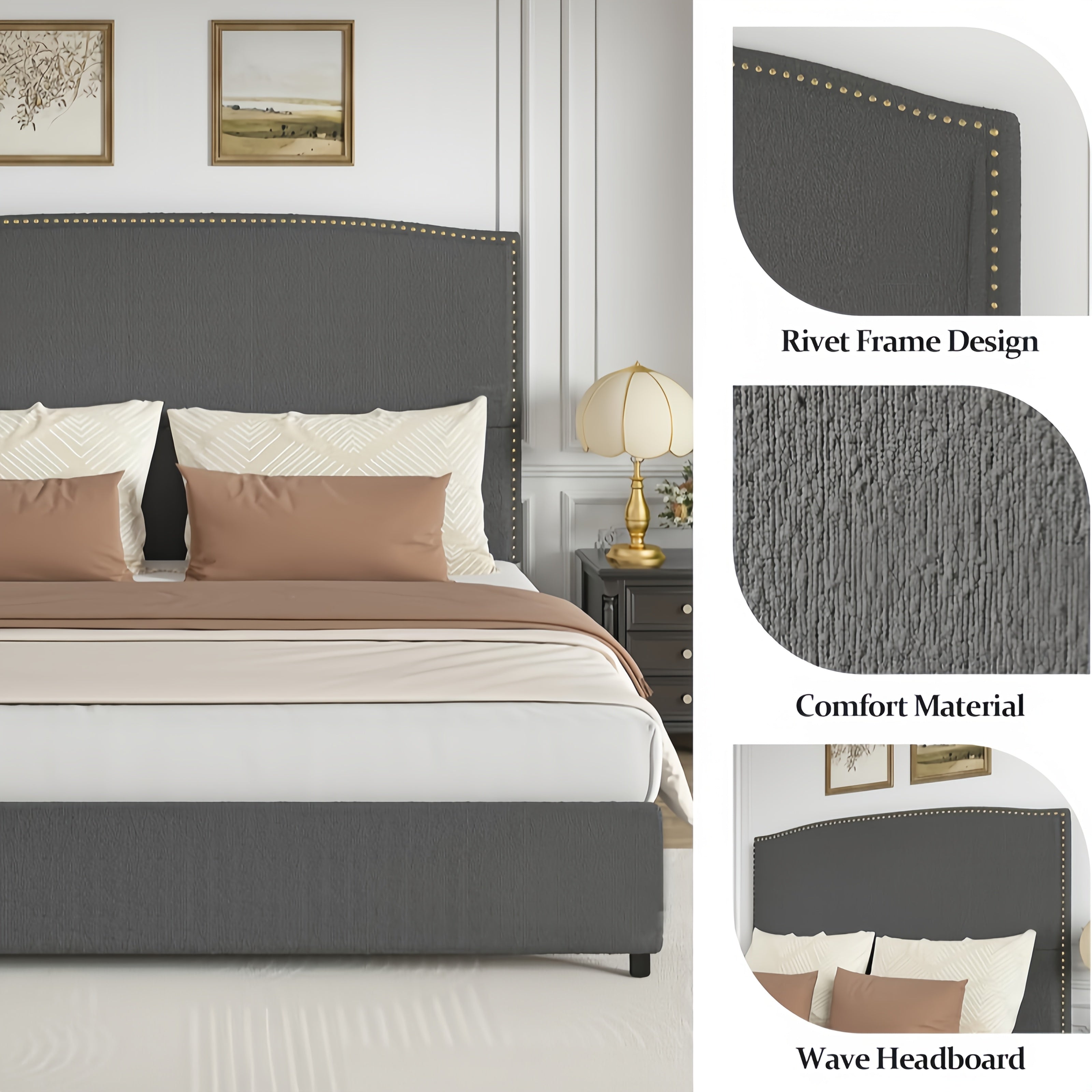 Full Queen King Size Bed Frame with 56" Tall Headboard - Boucle Upholstered Platform Bed with Nailhead Trim, Grey/Beige/White, No Box Spring Needed, Easy Assembly, Hardwood Frame Contemporary Bedroom Furniture, Home Decor, Mo