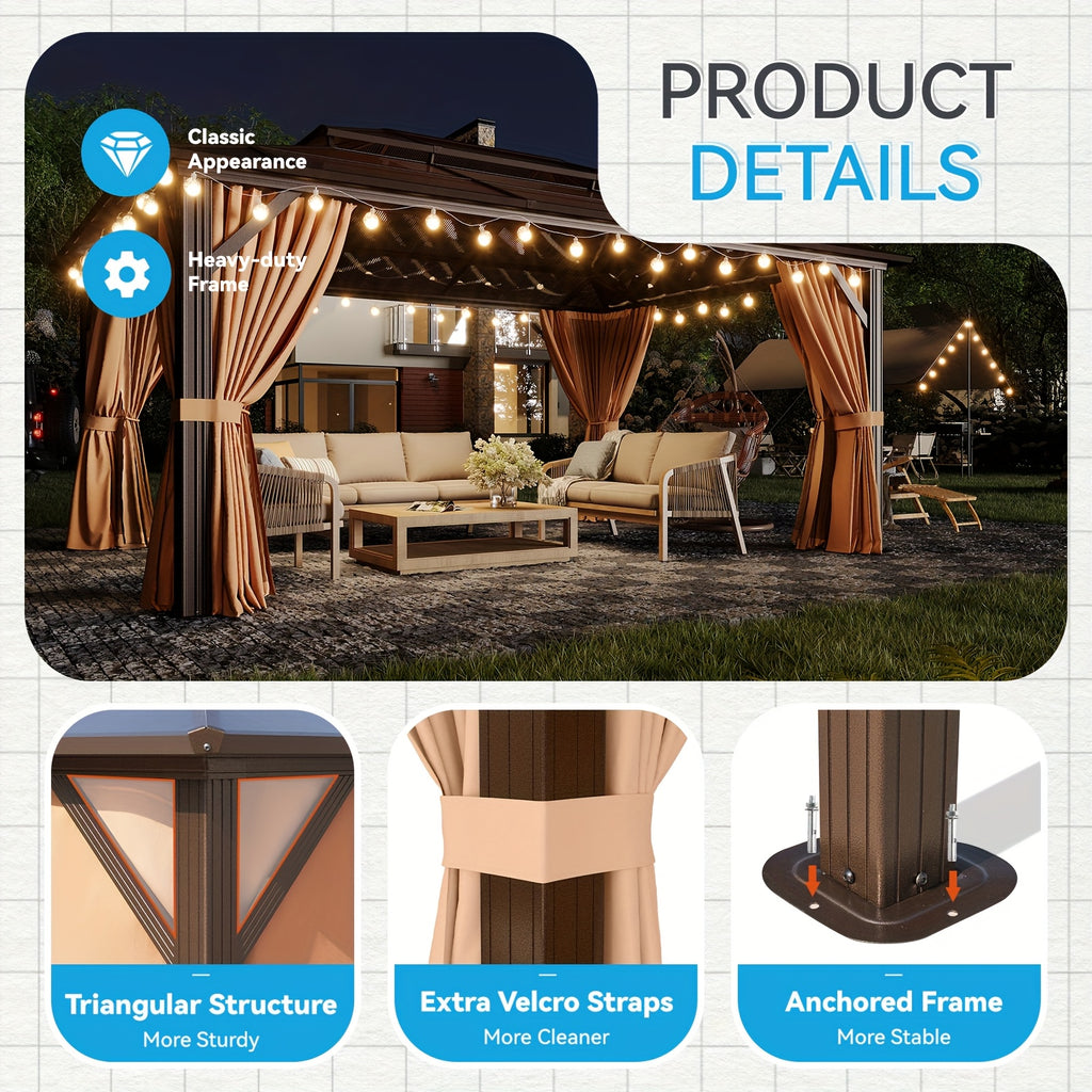 20'x13'/16'x12'/12'x10' Hardtop Gazebo for Patio, Outdoor Aluminum Gazebo with Double Roof, Curtains & Netting, Weather-Resistant Permanent Pavilion, Backyard Patio Furniture for Garden, Lawn, Deck (Brown/Gray)