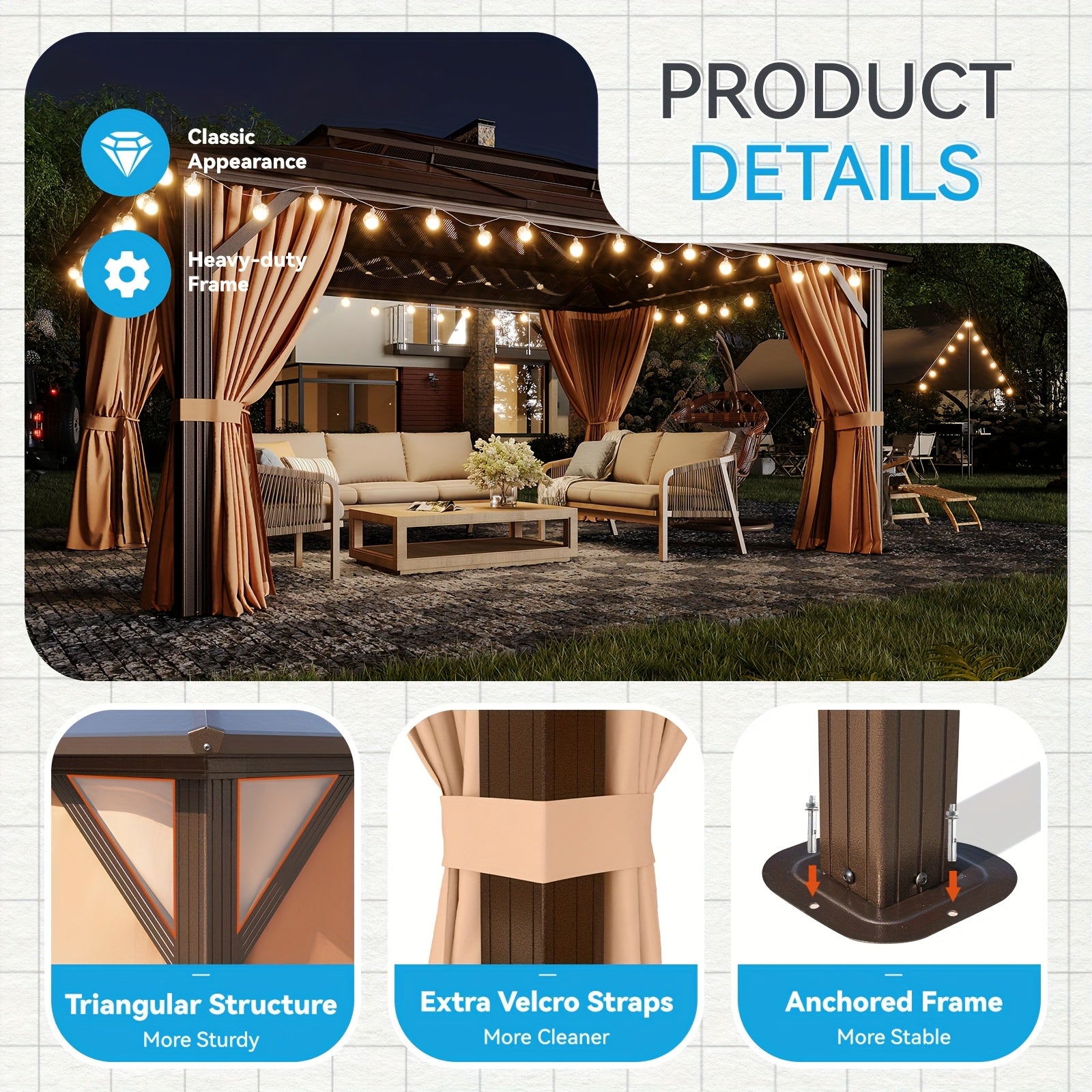 20'x13'/16'x12'/12'x10' Hardtop Gazebo for Patio, Outdoor Aluminum Gazebo with Double Roof, Curtains & Netting, Weather-Resistant Permanent Pavilion, Backyard Patio Furniture for Garden, Lawn, Deck (Brown/Gray)