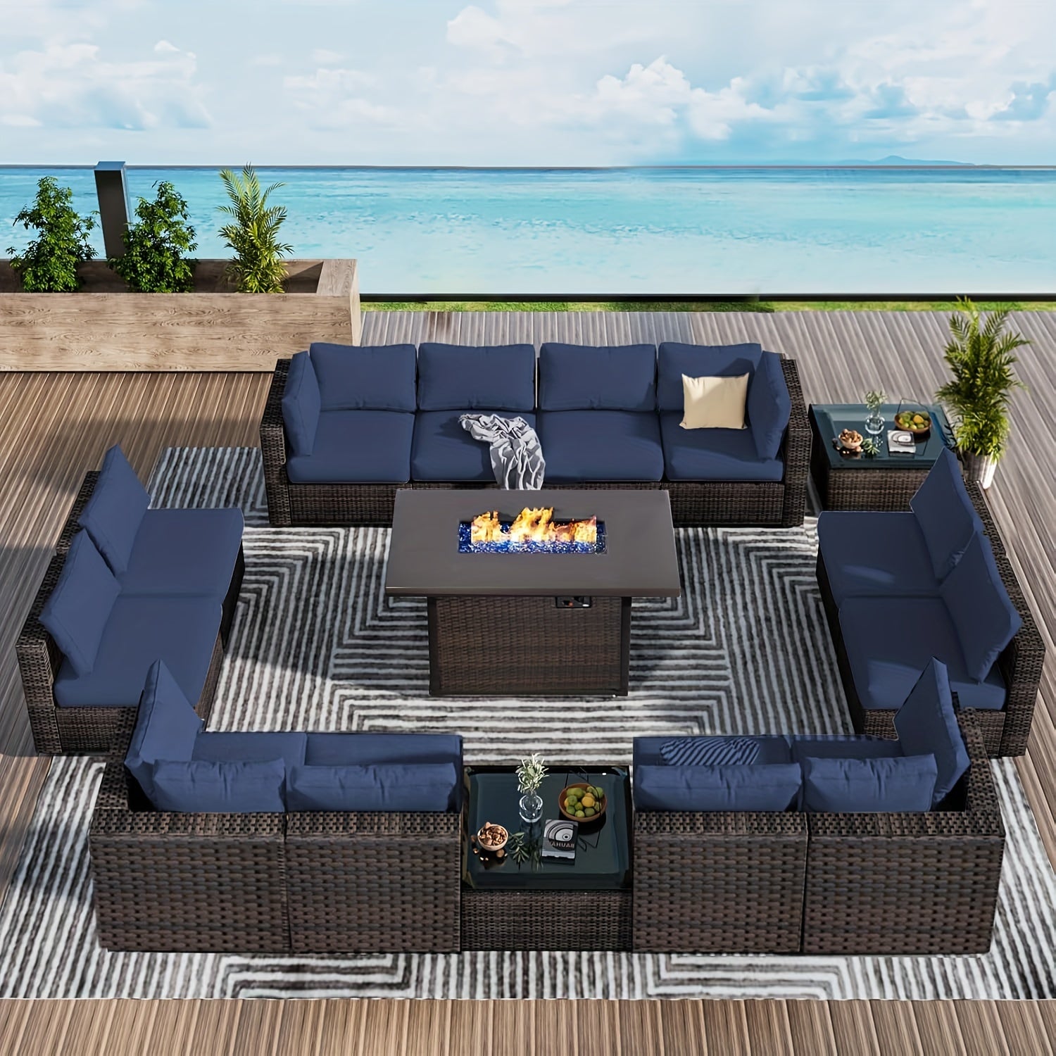 15pcs Patio Furniture Sectional Sofa 50000 BTU Propane Gas Fire Pit Table, Outdoor PE Rattan Patio Conversation Set with Glass Coffee Tables And Cushions for Garden, Poolside, Backyard, Patio Table And Chair Set, Outdoor Pati
