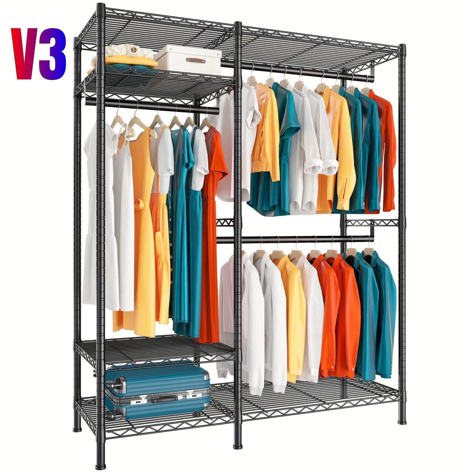 Clothes Rack Heavy Duty Metal Garment Rack With Shelves, Wardrobe Clothes Organizer, Hanging Closet Organizer For Storage, Free Standing Closet Shelves And Coat Rack, Clothes Drying Rack With Rolling Wheels, Kids Hangers And