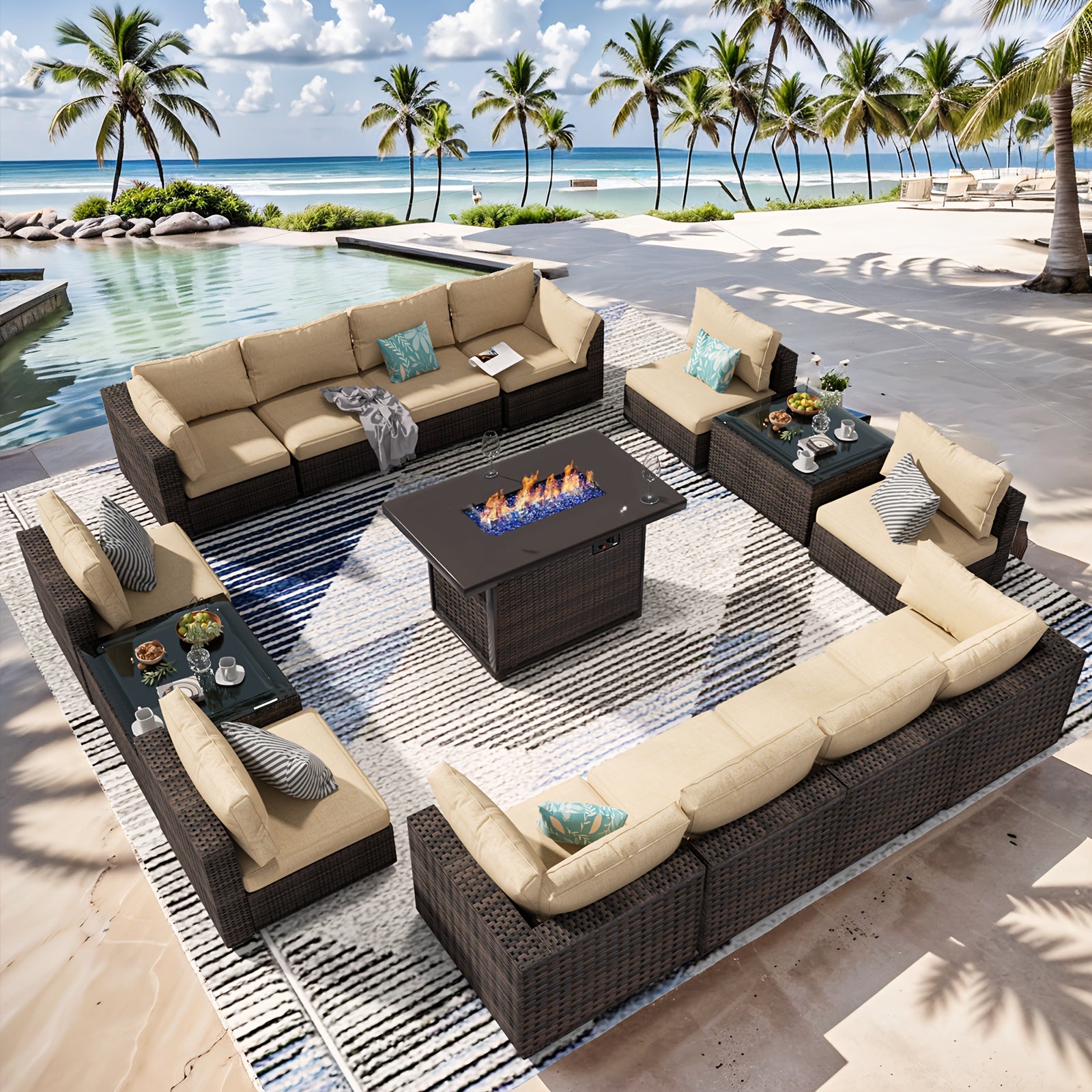 15 piece 15 pieces 15-Piece Black Rattan Patio Furniture Set with Fire Pit Table, Glass Coffee Table, and Cushions for Backyard