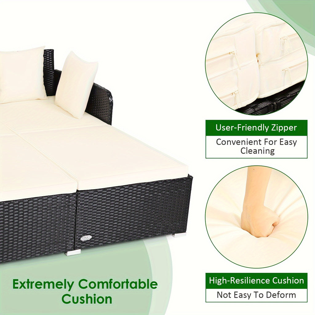 1pc Rattan Daybed With Cushions, Classic Outdoor Patio Furniture, Weather-Resistant Wicker Sofa, Beige – 61x52x27.5 Inches