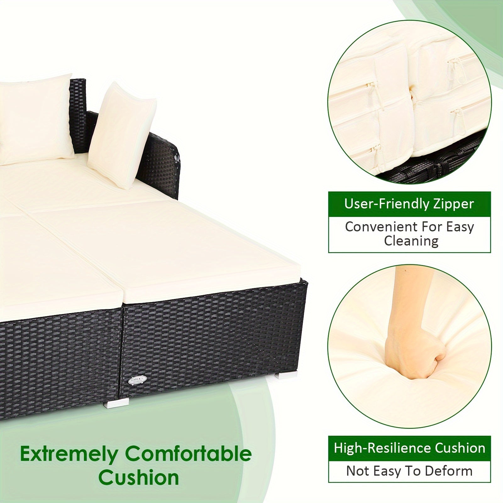 1pc Rattan Daybed With Cushions, Classic Outdoor Patio Furniture, Weather-Resistant Wicker Sofa, Beige – 61x52x27.5 Inches