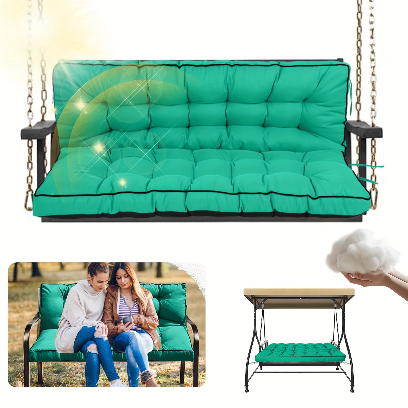 2-3 Seater Waterproof Outdoor Swing Cushions with Turquoise Blue Cushion Cover - Heavy-Duty All-Weather Washable Porch Swing Seat Pad, Sturdy Chain-Fastened Design for Patio,2 Balcony Furniture (Machine Washable, 60x40x4in) -