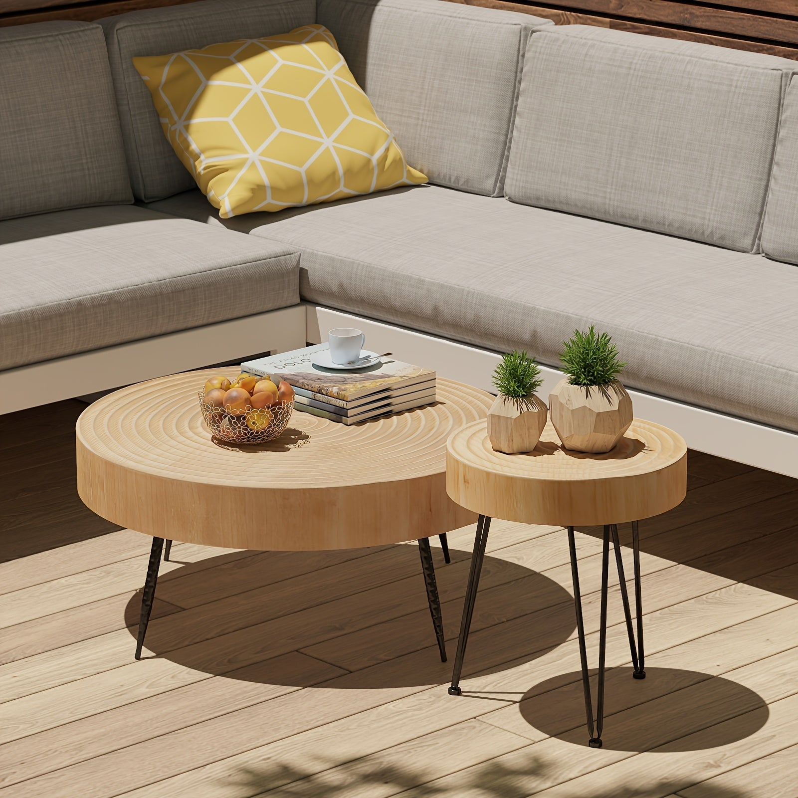 Farmhouse 2pcs Modern Coffee Table Set, Nesting Table Round Natural Finish with Handcrafted Wood Ring Motif, Patio Furniture, Garden Decor, Rustic Design, Farmhouse Style, Durable Wood, Solid Build, Accent Tables, Side Tables