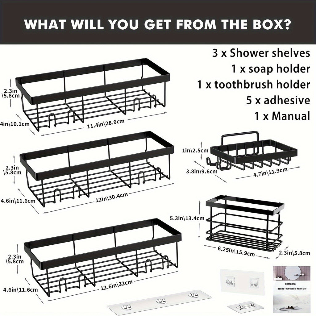 5 Pack Shower Caddy, Large Capacity Wall-Mounted Bathroom Shelf with Rustproof 304 Stainless Steel Shower Organizer Rack, No Drill Installation Suitable for Shower, Bathtub, for inside Shower Storage, Shower Caddies