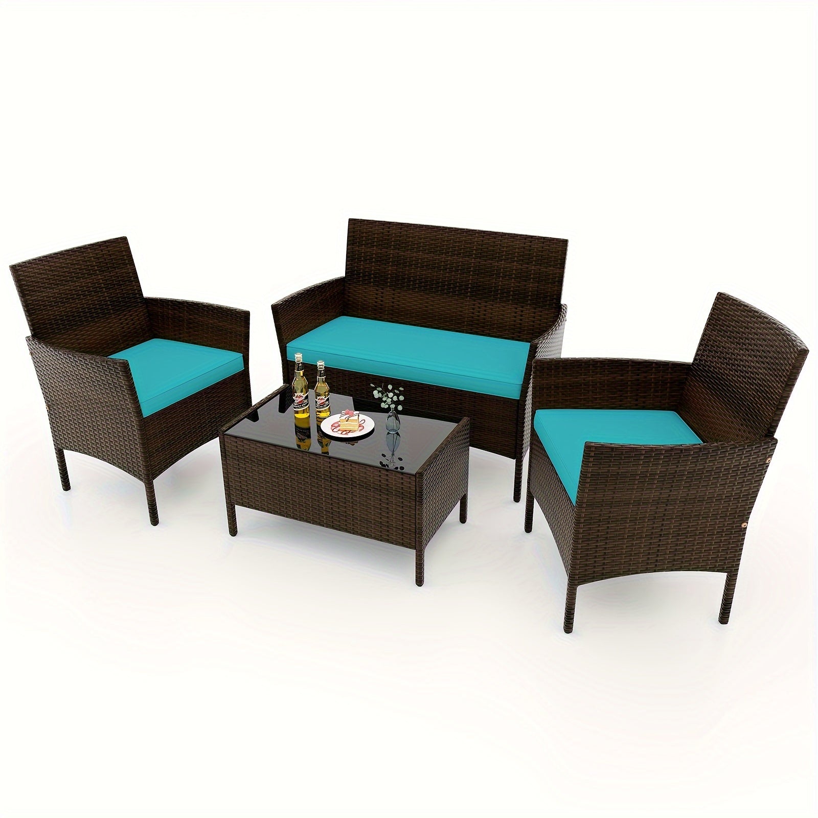 4pcs Patio Furniture Set w/Washable Cushions and Tempered Glass Coffee Table