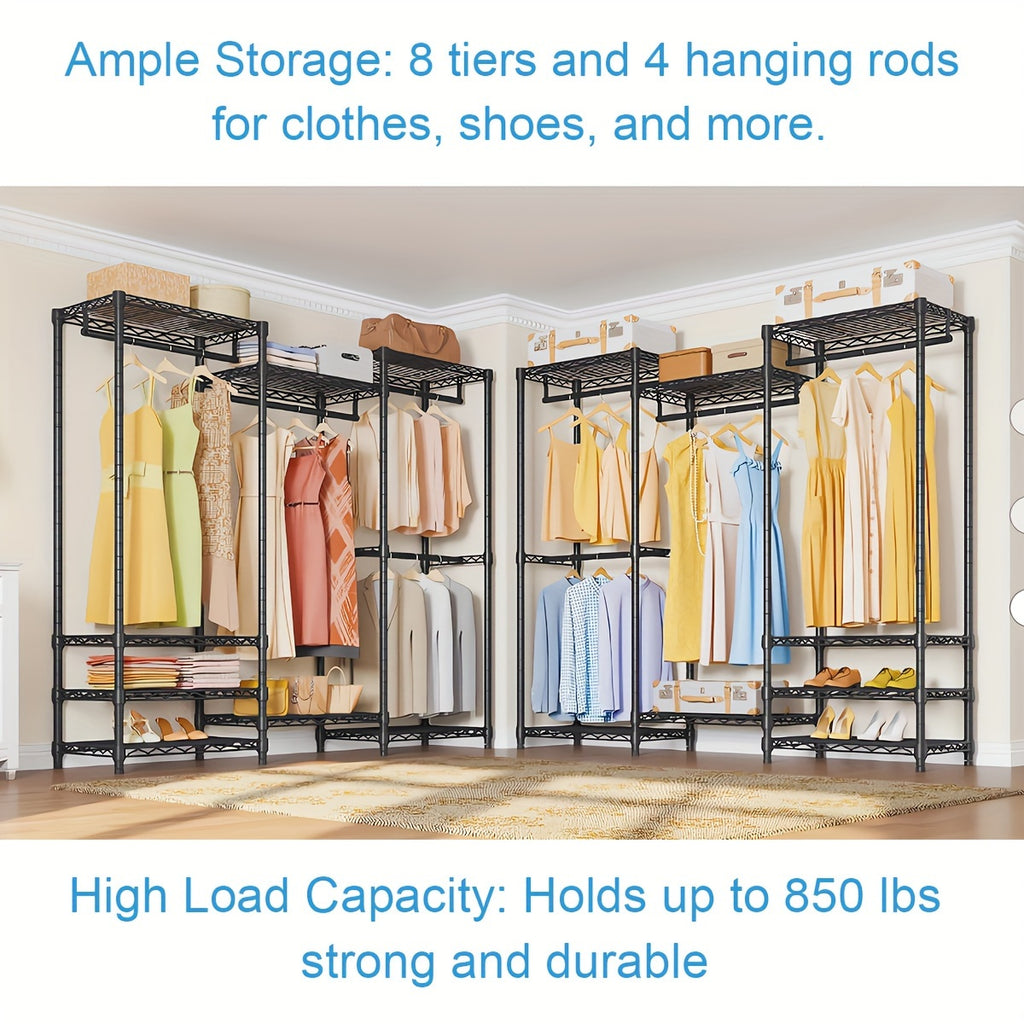 Clothes Rack Heavy Duty Metal Garment Rack With Shelves, Wardrobe Clothes Organizer, Hanging Closet Organizer For Storage, Free Standing Closet Shelves And Coat Rack, Clothes Drying Rack With Rolling Wheels, Kids Hangers And