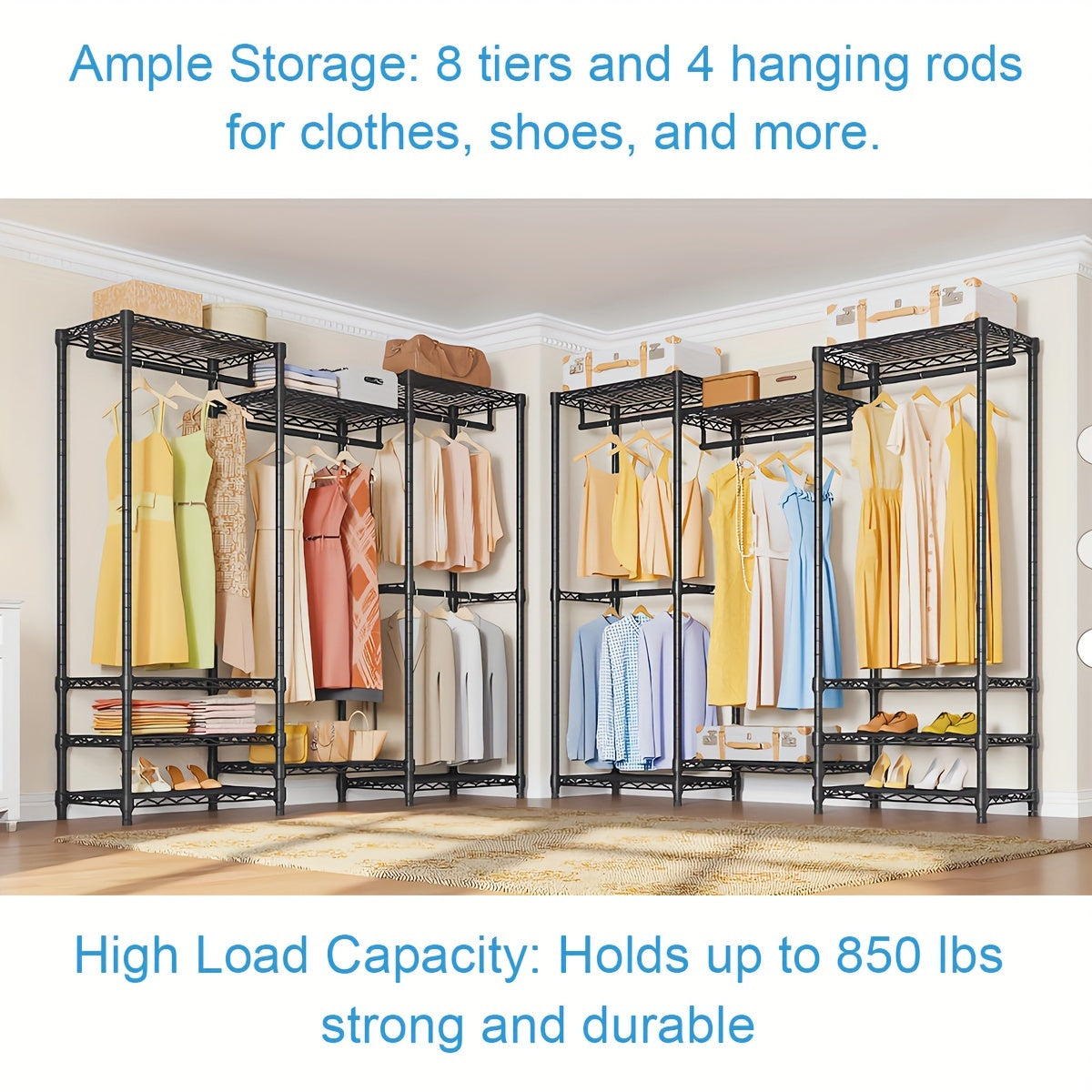 Clothes Rack Heavy Duty Metal Garment Rack With Shelves, Wardrobe Clothes Organizer, Hanging Closet Organizer For Storage, Free Standing Closet Shelves And Coat Rack, Clothes Drying Rack With Rolling Wheels, Kids Hangers And