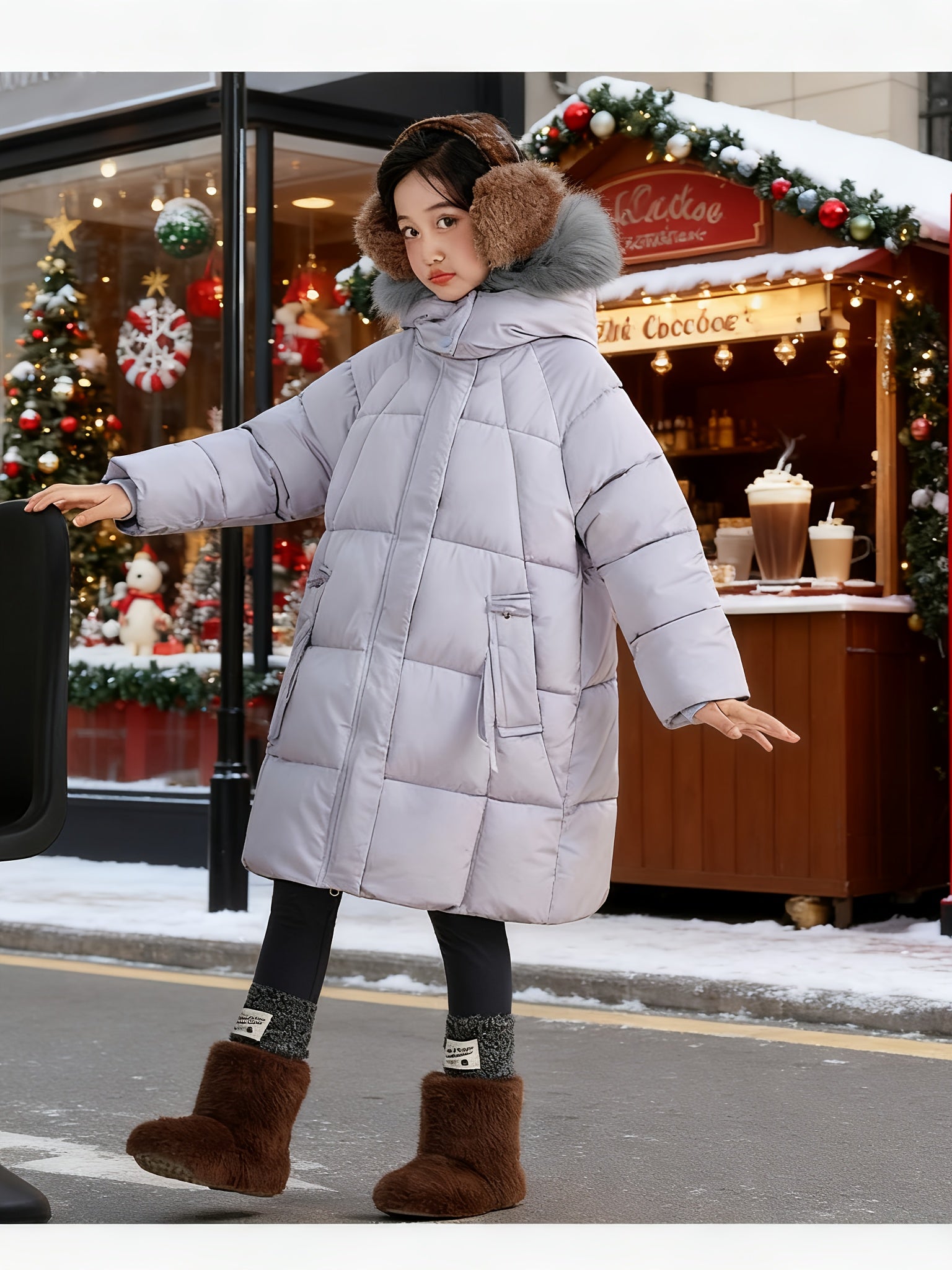 Girls' Jacket Mid-Length 2025 New Winter Thickened Clothing For Girls With Large Fur Collar Trendy Coat Girls Winter Coat Christmas Warm Coat