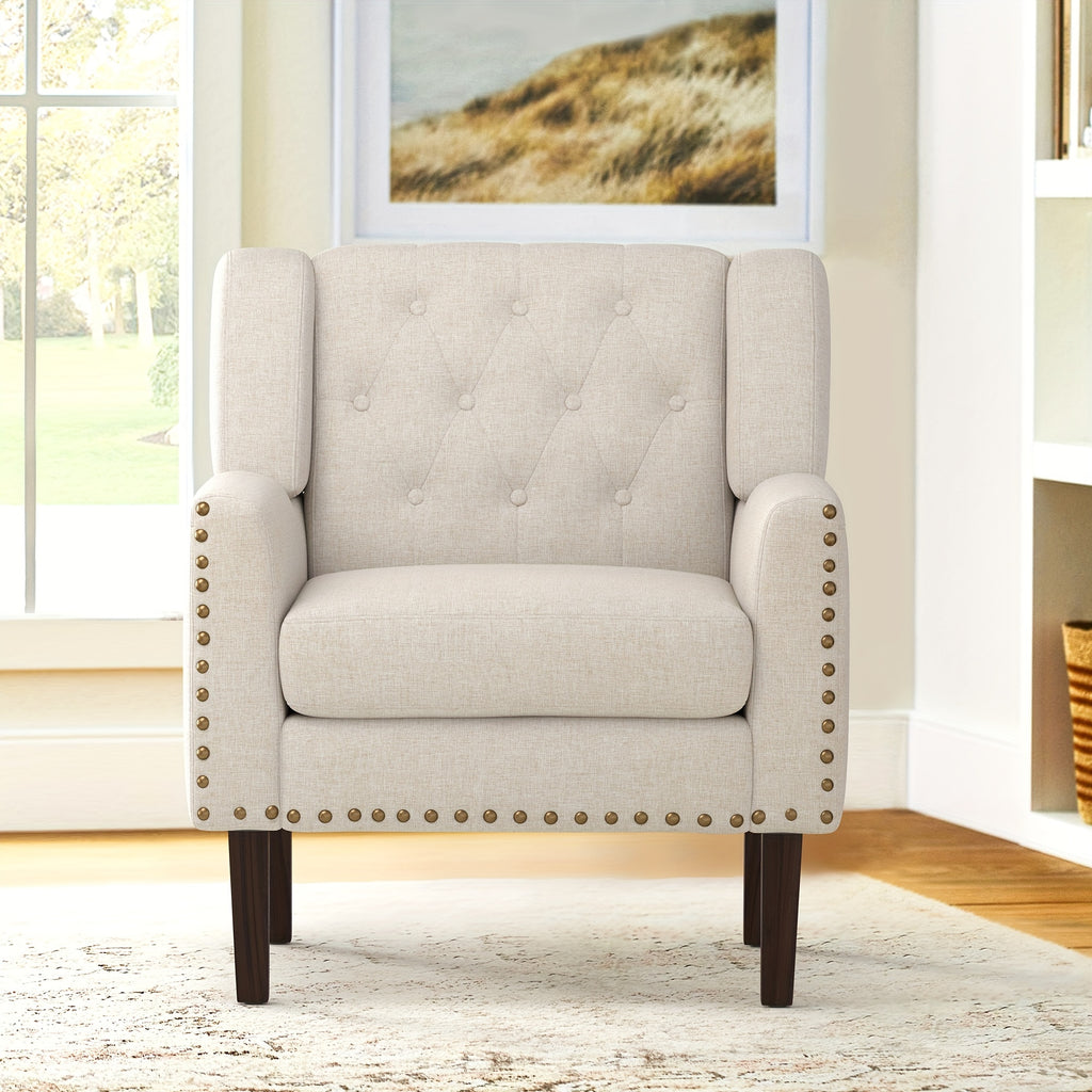 1PCS 350LBS Upholstered Linen Accent Chair, Mid Century Living Room Chair 18.5", Comfy Button Tufted Arm Chair, Accent Chairs For Living Room, Small Spaces, Bedroom,