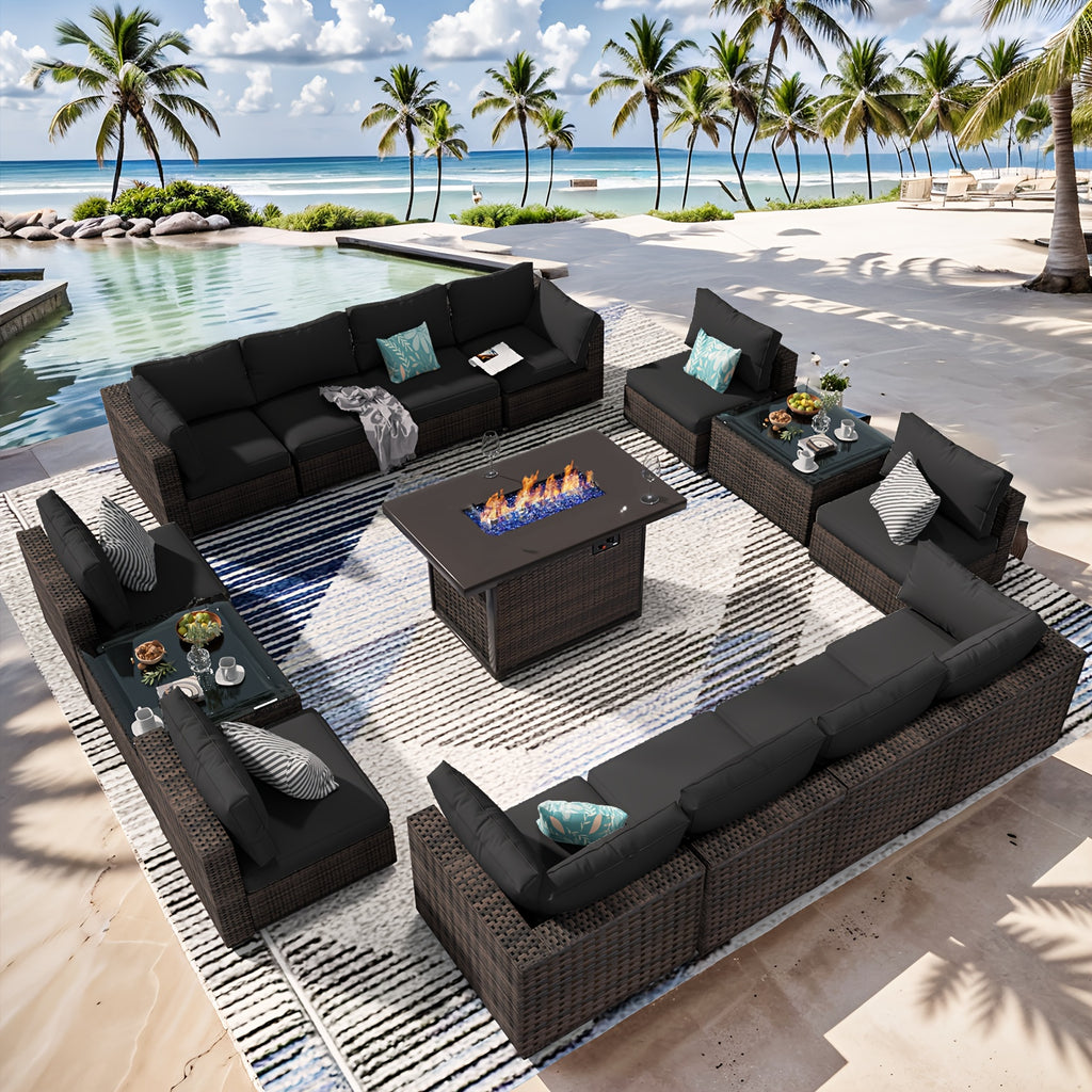 15 piece 15 pieces 15-Piece Black Rattan Patio Furniture Set with Fire Pit Table, Glass Coffee Table, and Cushions for Backyard