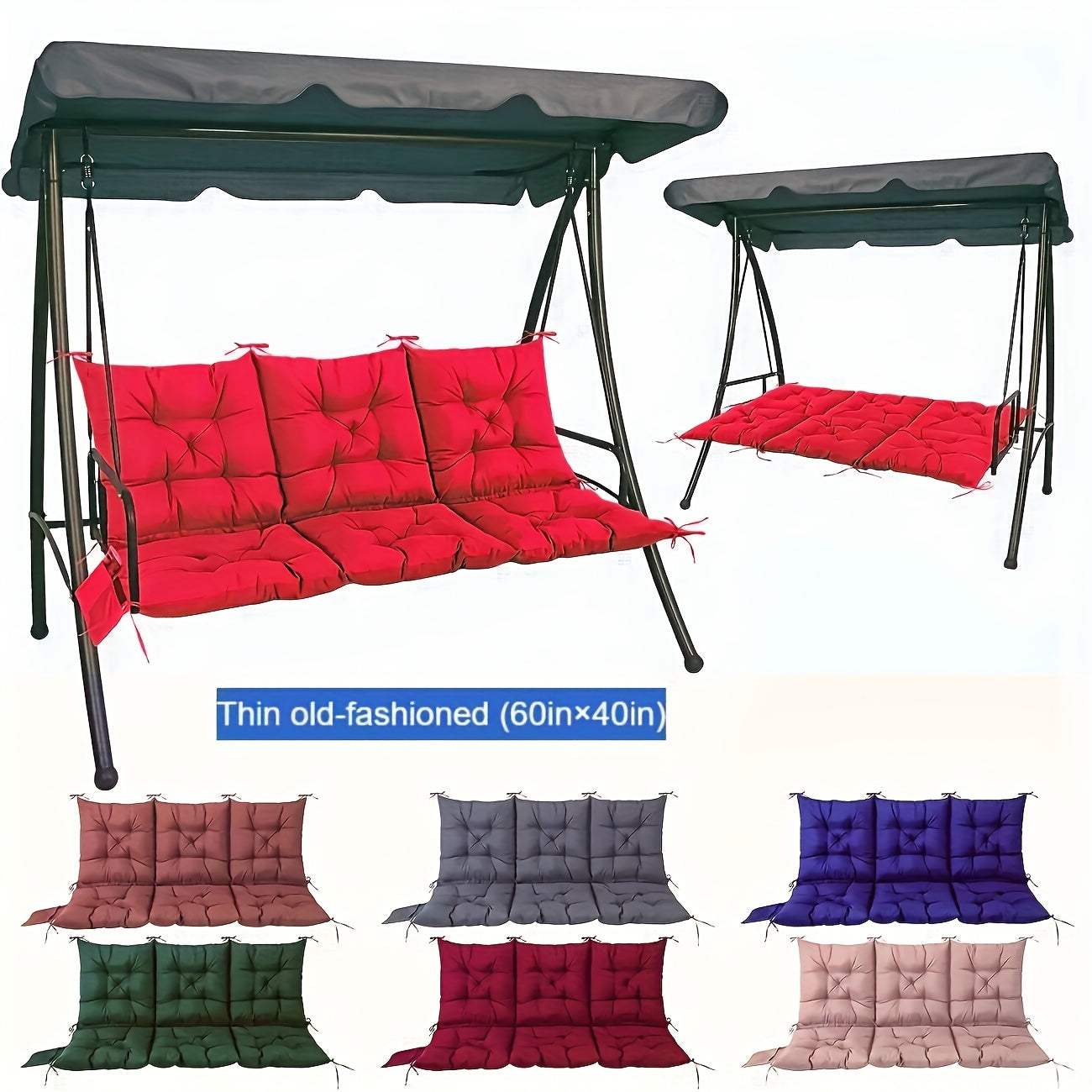 2-3 Seater Waterproof Outdoor Swing Cushions with Turquoise Blue Cushion Cover - Heavy-Duty All-Weather Washable Porch Swing Seat Pad, Sturdy Chain-Fastened Design for Patio,2 Balcony Furniture (Machine Washable, 60x40x4in) -