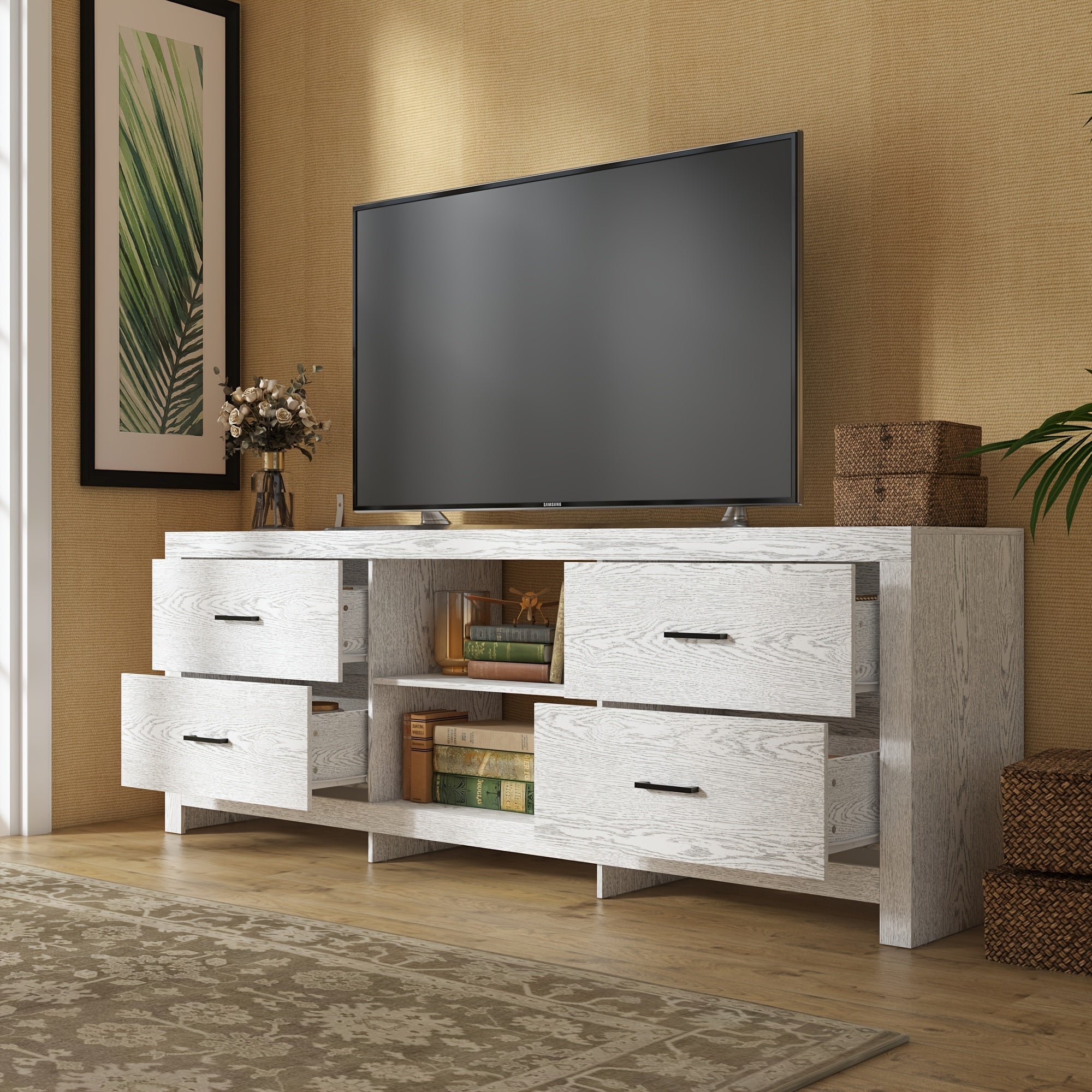 70.8" Modern White TV Stand with 4 Drawers & 2 Shelves - Engineered Wood Media Console, Stable Legs, Multi-Purpose Storage Cabinet for Living Room, Bedroom, Entryway - Easy Assembly, Ideal Gift, Tv Table for Living Room, Bedr