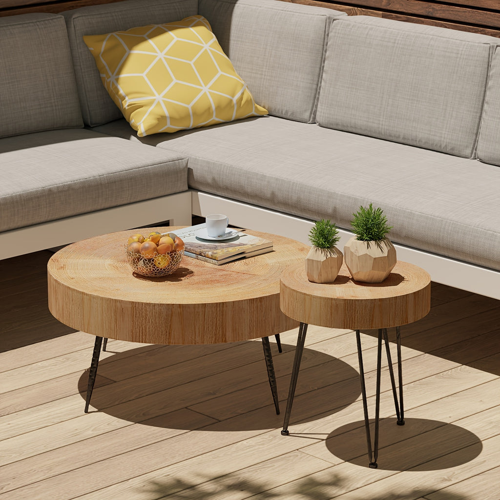 Farmhouse 2pcs Modern Coffee Table Set, Nesting Table Round Natural Finish with Handcrafted Wood Ring Motif, Patio Furniture, Garden Decor, Rustic Design, Farmhouse Style, Durable Wood, Solid Build, Accent Tables, Side Tables