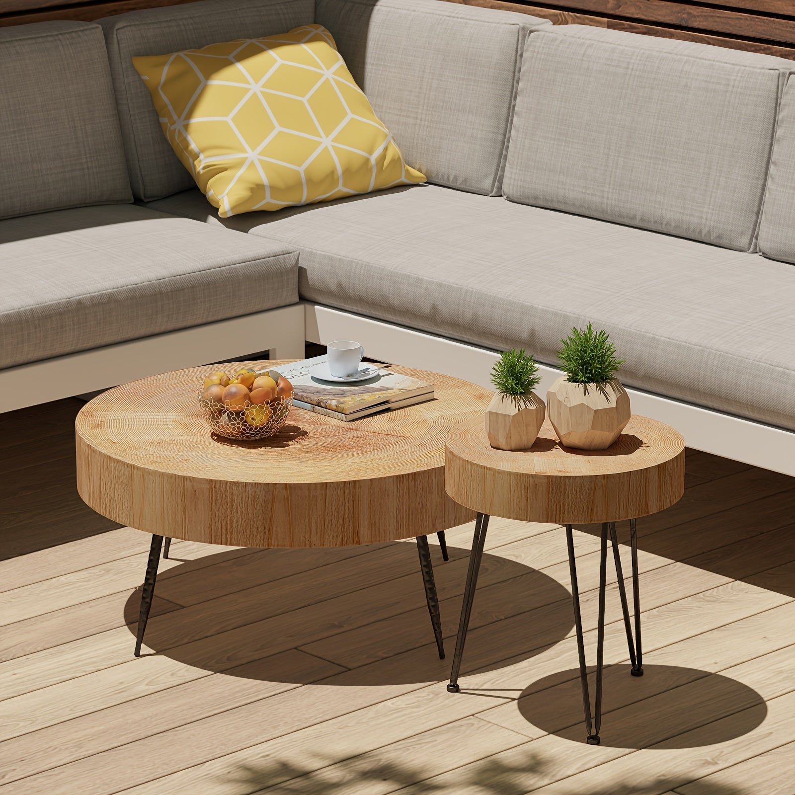 Farmhouse 2pcs Modern Coffee Table Set, Nesting Table Round Natural Finish with Handcrafted Wood Ring Motif, Patio Furniture, Garden Decor, Rustic Design, Farmhouse Style, Durable Wood, Solid Build, Accent Tables, Side Tables