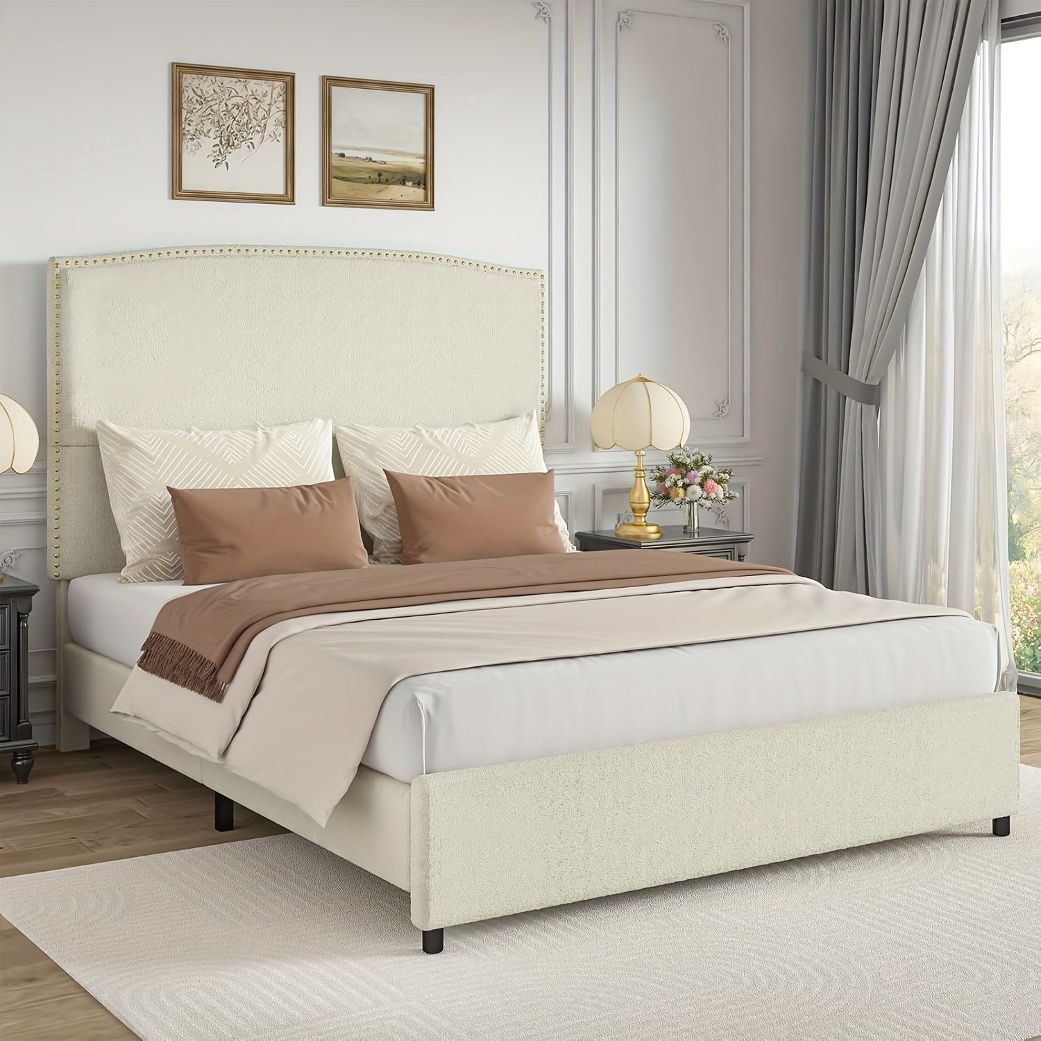 Elegant Queen King Size Bed Frame with 56" Tall Headboard, Boucle Upholstered Platform Bed with Nailhead Trim, Soft Beige/Grey/White Fabric, No Box Spring Needed, Easy Assembly, Classic Hardwood Design for a Luxurious Bedroom