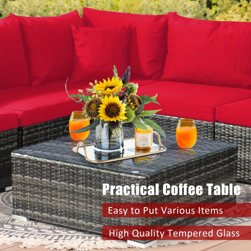 7pcs Outdoor Patio Furniture Set with Red Cushions - Wicker Sectional Sofa, Coffee Table, and Pillows - All-Weather PE Rattan & Anti-Rust Steel Frame for Garden Leisure, Patio Furniture Outdoor