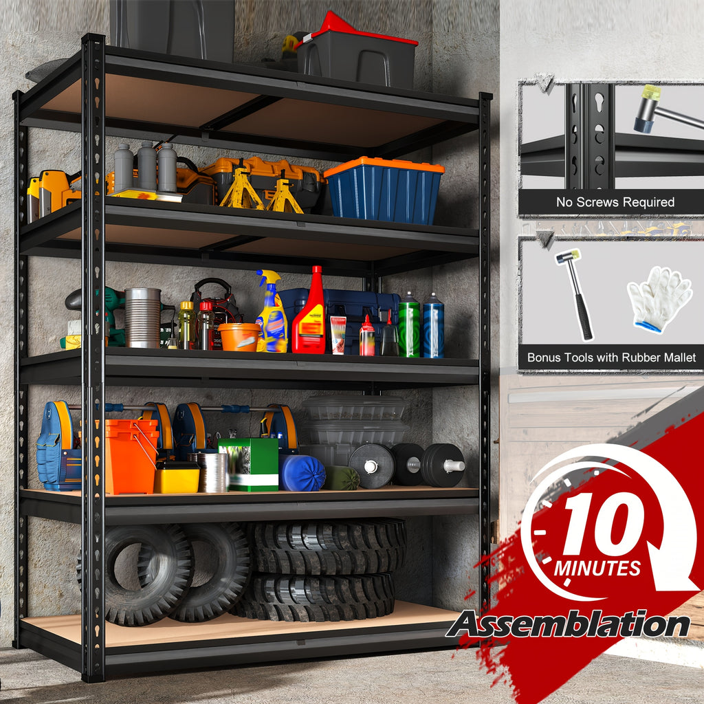 2000LBS Storage Shelves 5 Tier Garage Shelving Heavy Duty, Adjustable Metal Shelving Unit, Garage Shelves for Basement, Warehouse, Pantry, 72.5" H X 35.55" W X 16" D, Black, 60"H×28"W ×12"D, Available In Two Sizes, The Prac