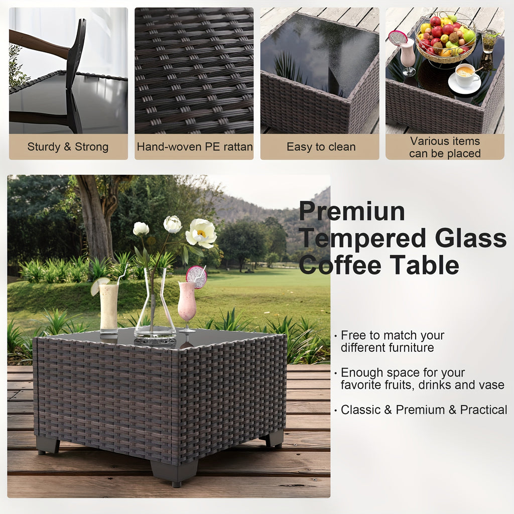 3 Pieces Patio Furniture Set, PE Rattan Wicker 3 Pcs Outdoor Sofa Set W/Washable Cushion And Tempered Glass Coffee Table, Conversation Furniture For Garden Poolside Balcony