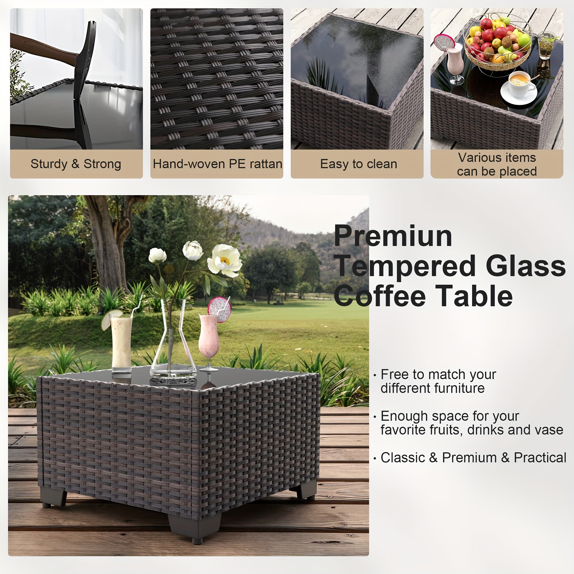 3 Pieces Patio Furniture Set, PE Rattan Wicker 3 Pcs Outdoor Sofa Set W/Washable Cushion And Tempered Glass Coffee Table, Conversation Furniture For Garden Poolside Balcony