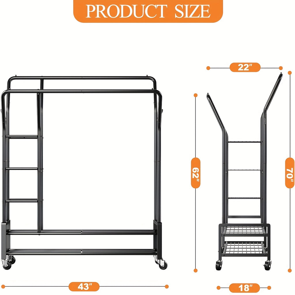Clothes Rack, Clothing Rack Double Rod Garment Rack Clothing Racks for Hanging Clothes 255LBS Heavy Duty Clothes Rack with Wheels Metal Rolling Closet Rack Laundry Storage Organization