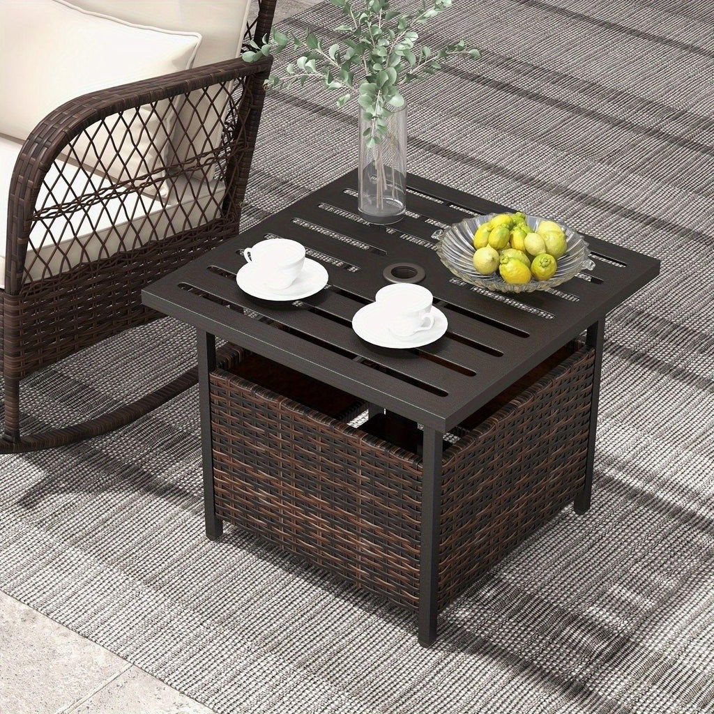 22" LIFEZEAL Outdoor Umbrella Stand Table - Rattan Wicker Side Table with Metal Frame, Built-in 1.57" Hole for Secure Umbrella Placement, Ideal for Patio, Garden, Poolside, Yard - Mix Gray, Patio Furniture | Decorative Outdoo