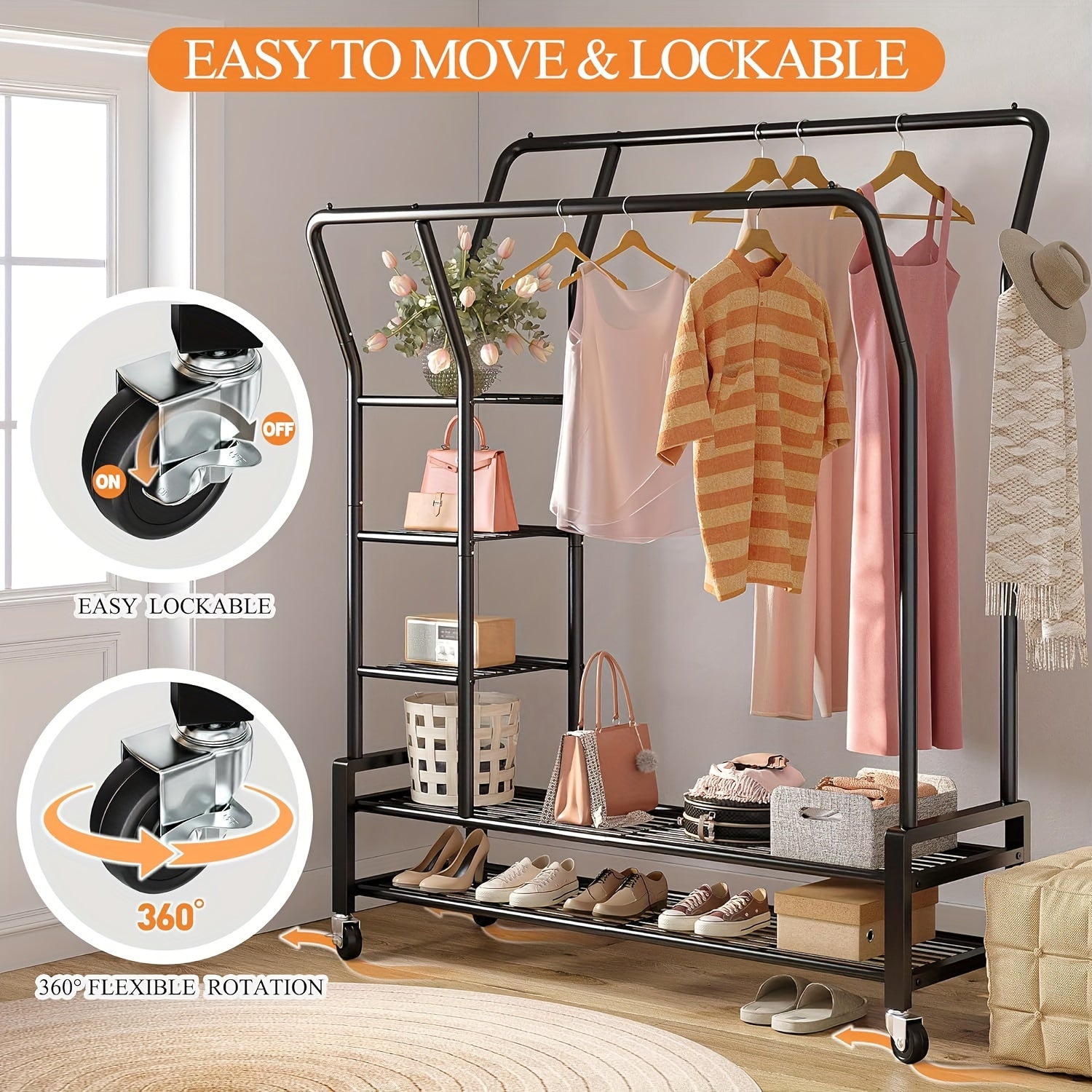 Clothes Rack, Clothing Rack Double Rod Garment Rack Clothing Racks for Hanging Clothes 255LBS Heavy Duty Clothes Rack with Wheels Metal Rolling Closet Rack Laundry Storage Organization