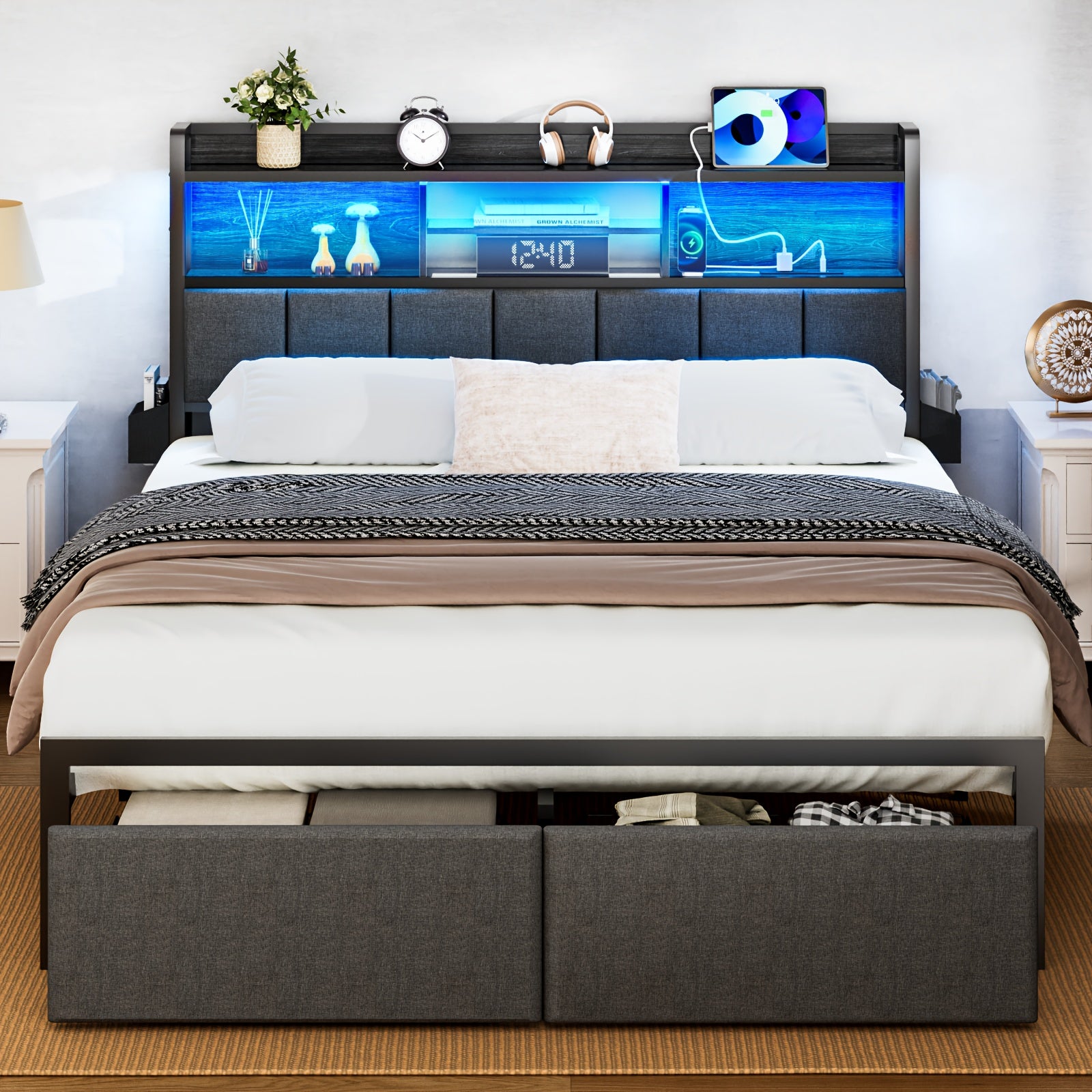 1pc Queen Bed Frame with RGB LED Lighting & Dual USB Ports - Heavy-Duty Platform Bed with 11.8" Deep Storage Drawers, Under-Bed Organization - Modern Bedroom Furniture for Space-Saving Homes - Compatible with US Outlets (125V