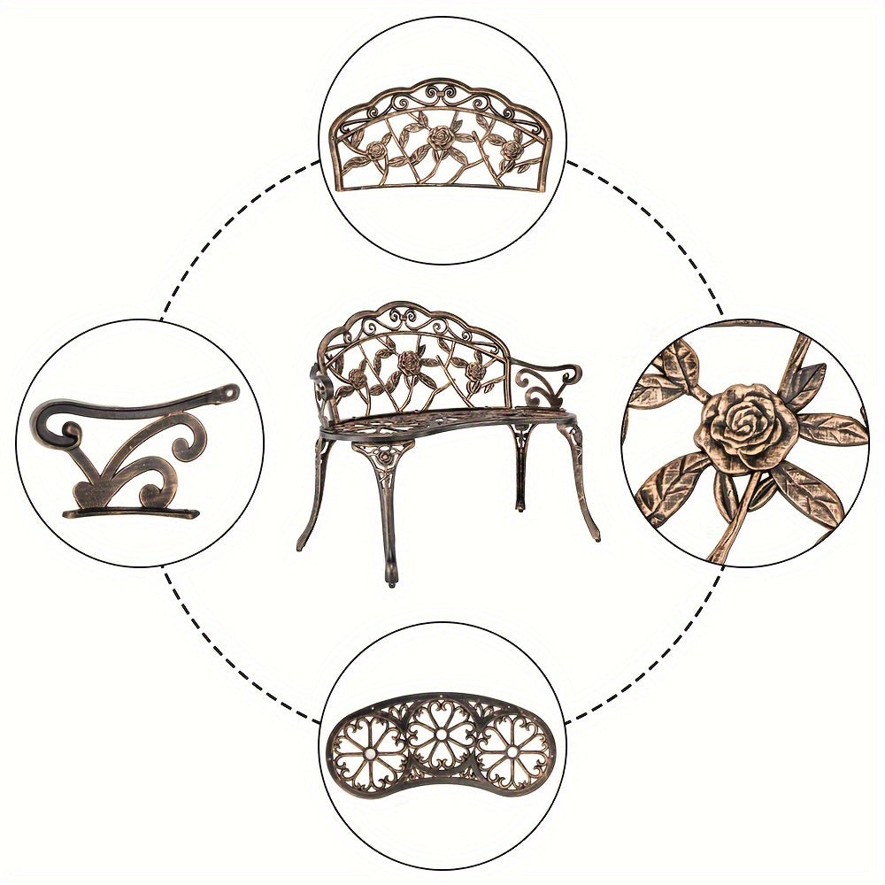 1 PC Rust-Proof Cast Iron Garden Bench, 38.5in Outdoor Seating with Elegant Rose Pattern, Foot Levelers, and Patio Furniture in Green