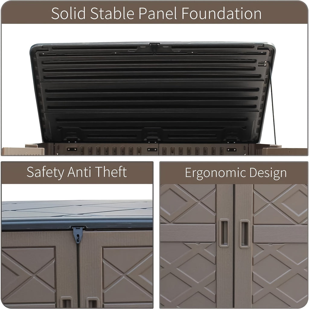 European-style Double-layer Resin Outdoor Storage Shed with Lockable Waterproof Storage Boxes. Ideal for Organizing Patio Furniture, Gardening Tools, Pool Equipment, The Perfect Holiday Gift for Christmas And Thanksgiving