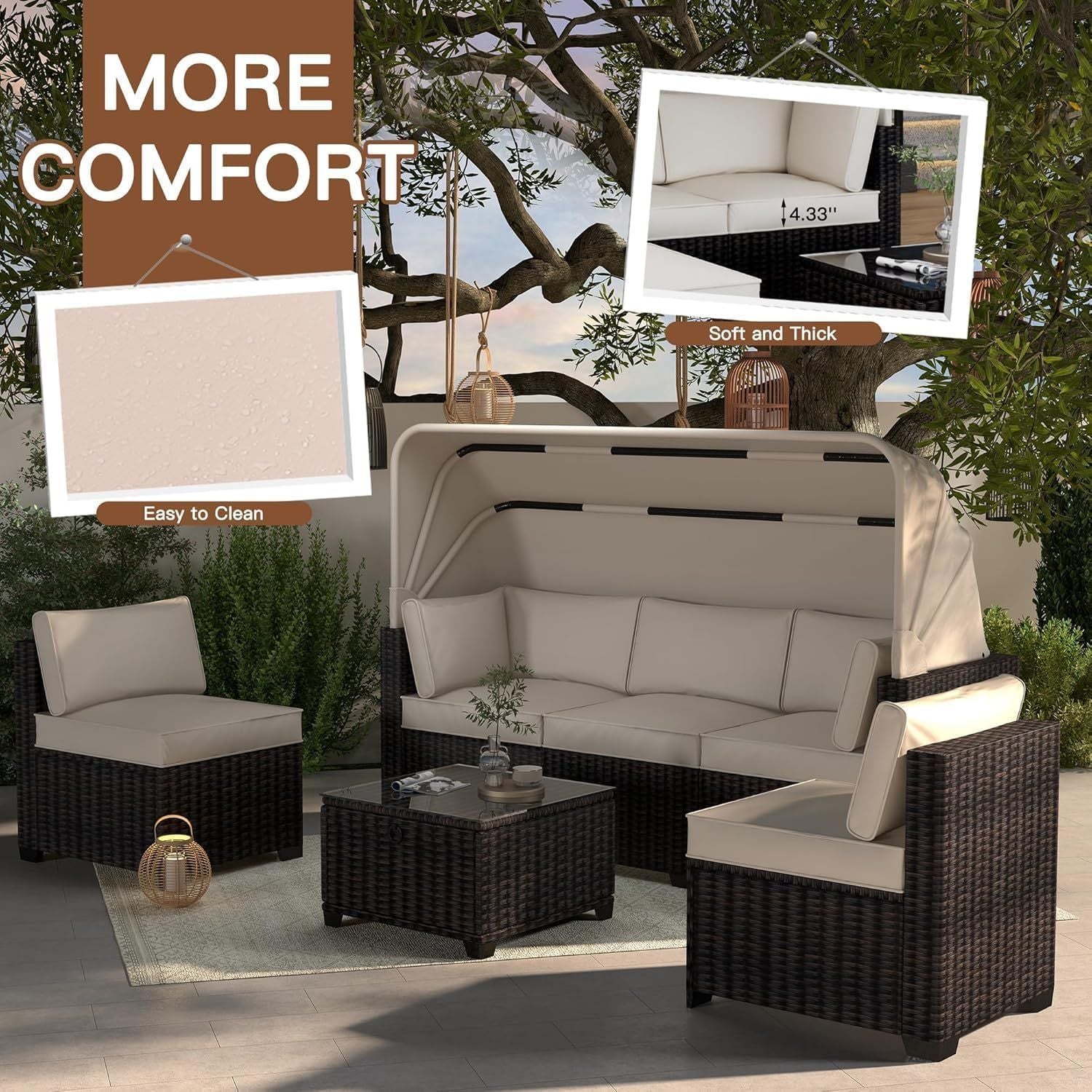 6pcs Wicker Outdoor Daybed Set with Retractable Canopy & Adjustable Chaise Lounges - L-Shaped Patio Furniture, Cushioned Brown/Beige Wicker Sectional Sofa for Poolside, Garden, Backyard - All-Weather Durable Lounge Beds