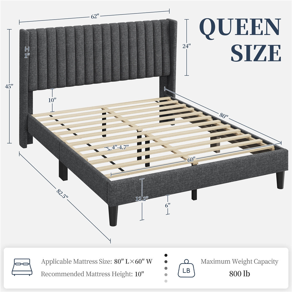 Costoffs Upholstered Bed Frame Full/Queen/King Size, Winged Headboard, Non-Slip, Noiseless, Wooden Slats, Bedroom Furniture, Easy Setup, No Box Spring Required, Installation Guide Included